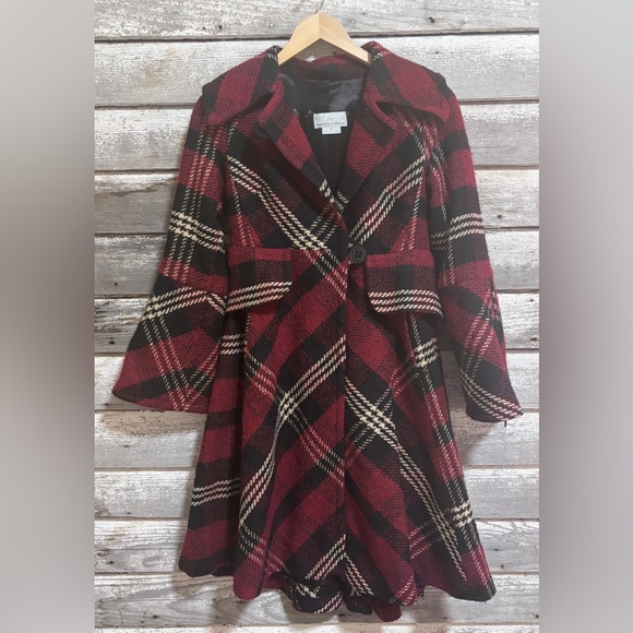 Christian Chenail red/black plaid wool coat, size 4 - Picture 3 of 4